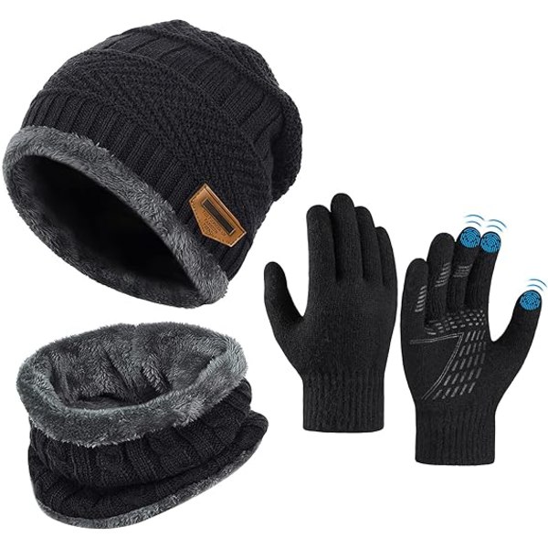 Vinter hue til børn med tørklæde og handsker - Sort Varm