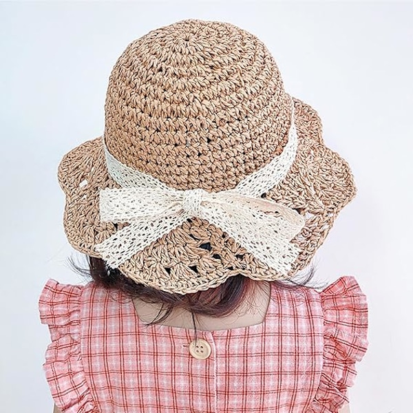Baby Flickhatt i Halm Småbarn Sommar Solhatt med Rosett Vikbar Strand Solskyddshattar för 2-6 År Khaki