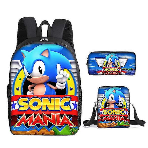 Sonic Grundskola Skolväska Tredelat Set Anime Tecknad Ryggsäck Axelväska Pennfodral hög kvalitet V backpack