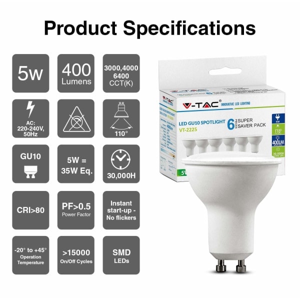 Paket med 6 st GU10 LED-lampor 5 W, varmvitt 4000 k hög ljusstyrka