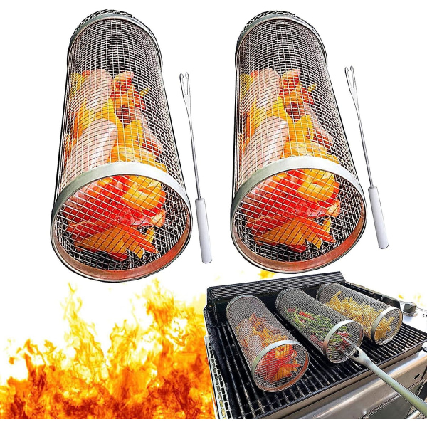 Set of 2 rolling grill baskets (20 x 9 x 9 cm)The largest round stainless steel barbecue basket for vegetables, chips, fish