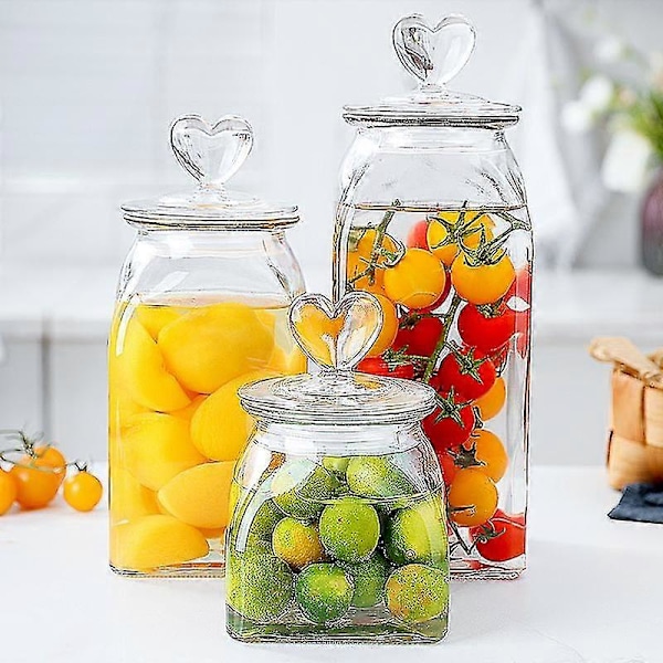 Glasburk med hjärtformat lock, köksburk för kaffe, förvaringsburk för torkad frukt, köksartiklar, matförvaringsbehållare 1200ml
