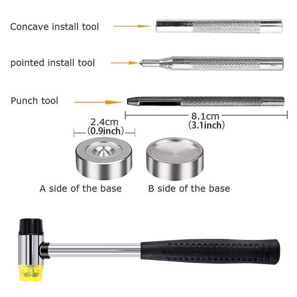 120 st metallknappar 4 färger (12 mm) + hammare, för läderhantverk jacka plånbok handväska
