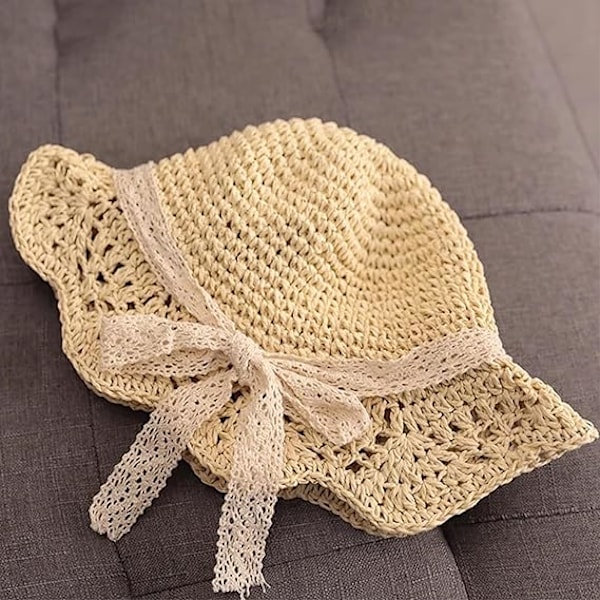 Baby Flickhatt i Halm Småbarn Sommar Solhatt med Rosett Vikbar Strand Solskyddshattar för 2-6 År Beige