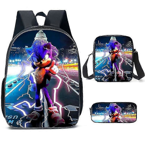 Sonic Grundskola Skolväska Tredelat Set Anime Tecknad Ryggsäck Axelväska Pennfodral hög kvalitet U backpack