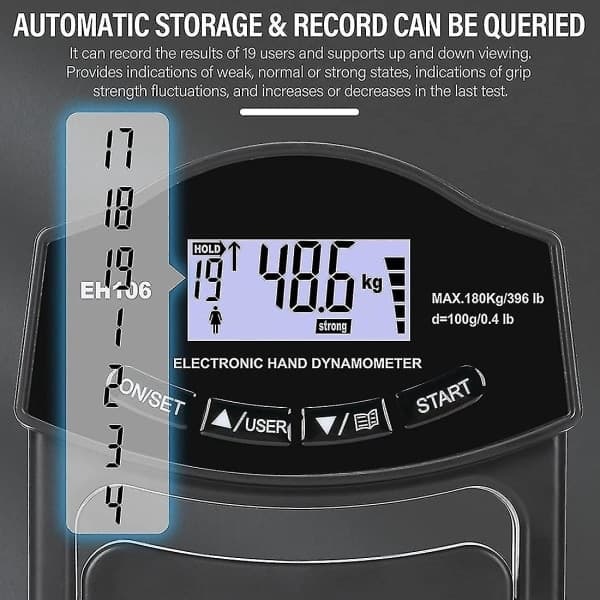 Greppstyrketestare, 396 lbs / 180 kg Digital greppdynamometer Greppstyrketestare USB LCD-skärm Greppdynamometer- Per,A