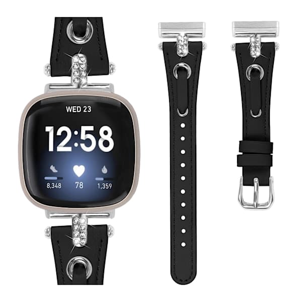 Fitbit Versa 3/4 læderurrem med T-formet Rhinestone Design Sort Sort, A