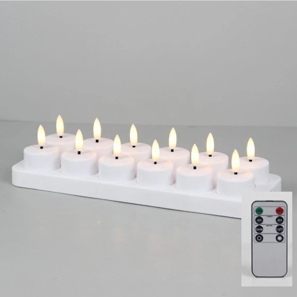 PChero Oppladbare LED Telys 12-pakning - Fjernkontroll & Timer for Fest/Dekorasjon 12 stk med ladestasjon 12stk me