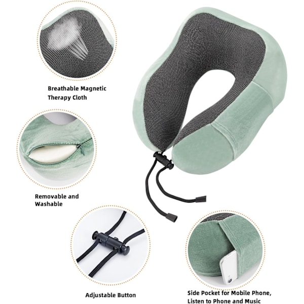 Resekudde Nackkudde Memory Foam Mjuk Komfort och Stöd Rese Flyg Nackkuddar, U-formad Kudde för Sömn Green