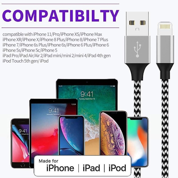 [5-pakke 3/3/6/6/10FT] Rask ladekabel Nylonflettet for iPhone 14/13/12/11/Pro/Xs Max/X/8/7/Plus/6S/6/SE/5S Pad