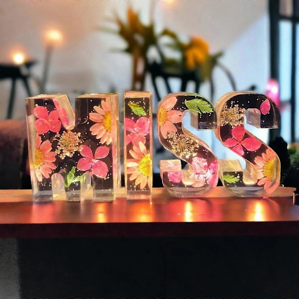 Blomster Resin Nattlampe, Pressede Blomster Resin Bokstaver m/ LED Lys Gave til Henne Z
