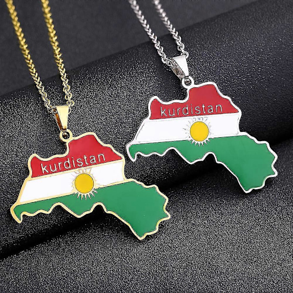 Kurdish Kartkjede for Kvinner og Menn, Gullfarget, Kurdistansk Flaggkart-Hengsler, Halskjede i Rustfritt Stål, Smykkegave, Krage N04339G-1