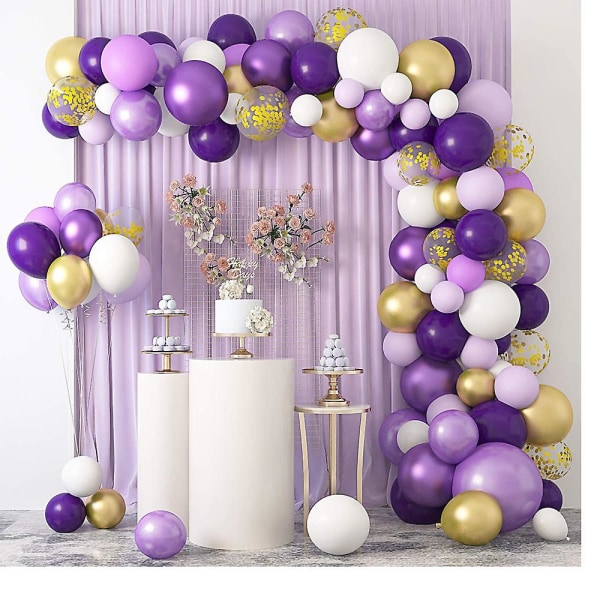 Lila och guld ballongbåge, 129 delar lila ballonggirlang kit, lila vita guld ballonger, guldkonfettiballong latexballonger för bröllop födelsedag