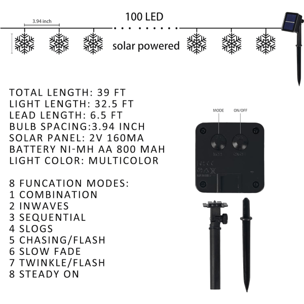 100 LED Solcelled Jule Snefnug Lysstreng Udendørs, 39 Fod