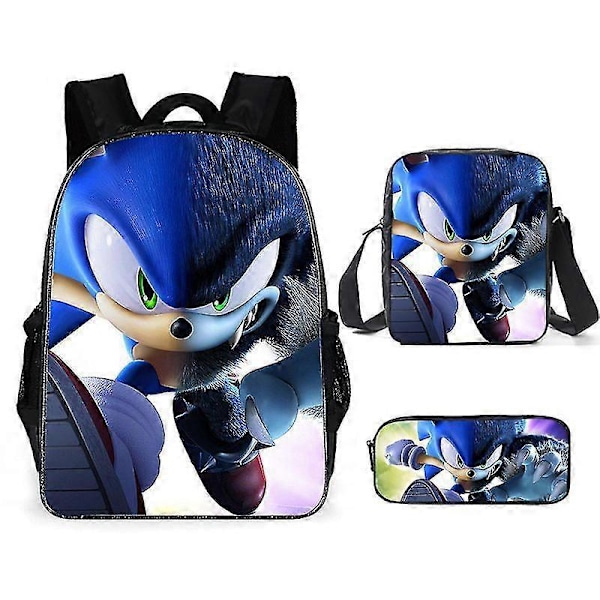 Sonic Grundskola Skolväska Tredelat Set Anime Tecknad Ryggsäck Axelväska Pennfodral hög kvalitet C Shoulder bag