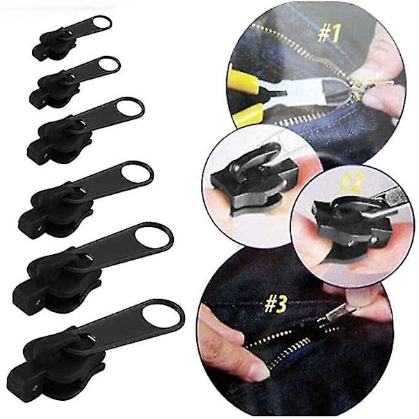 6-pack Fasta Dragkedjekläppar - Dragkedjeglidare Reparation, Omedelbar Dragkedjesats - Avtagbar Räddningsersättningsväska black