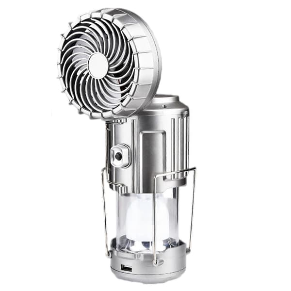 Solcelleopladelig med ventilator LED teltlampe lommelygte campinglanterne lys Ft Silver