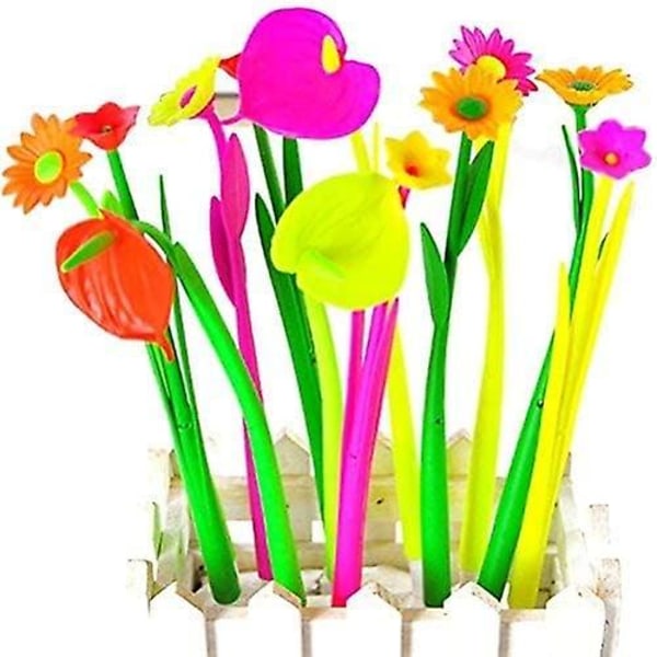 Fancy Flower Ballpoint Pen Set (10 stk) Svart 0,5 mm Tilfeldig Hår Stil Gress Gel Blekkpenn Skole Barn Student Gave av Tily