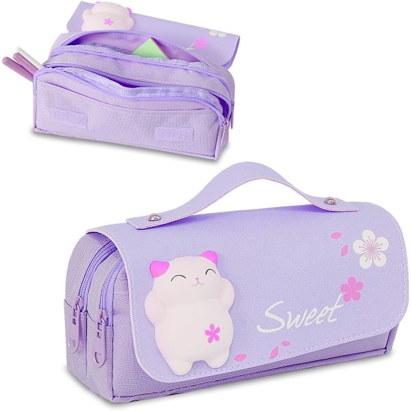 Penneveske Jenter, Kawaii Penneveske med 3 Rom, Søt Skrivesaker Organizer Penn Bag for Skolebarn Sponge purple