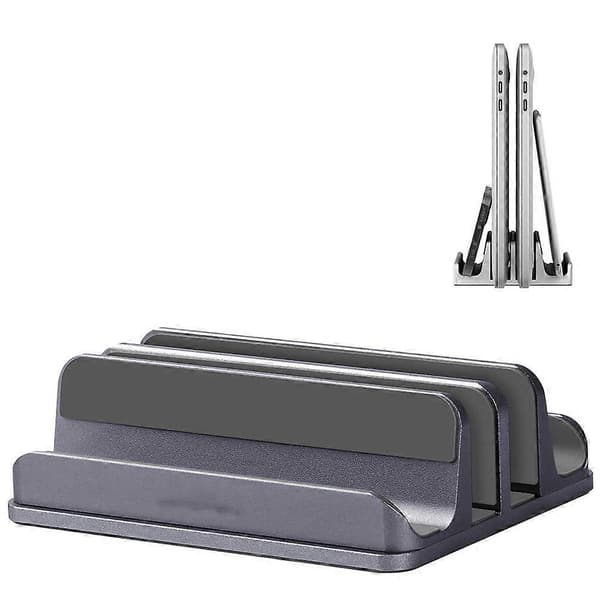 Vertikalt laptopställ i aluminium med halkfri bas Grey