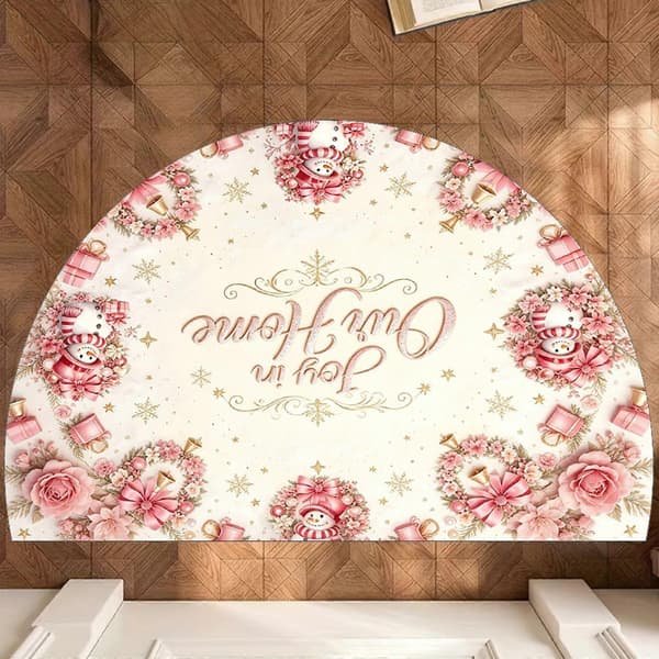 Trykt halvcirkelformet gulvmåtte, lyserødt blomstret juledesign 50x80cm