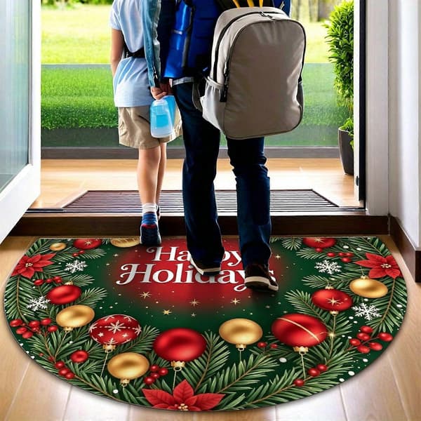 Halvcirkelformet gulvmåtte, mønster med julekugler og grønt 60x90cm