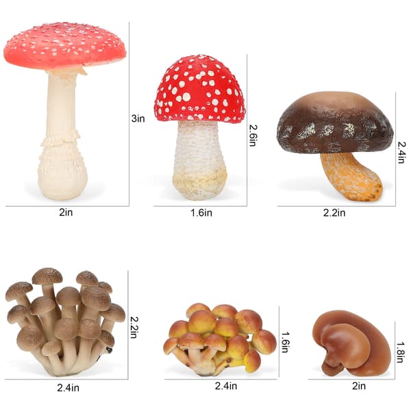 6 miniatyrsopper i resin, 4,5 til 7,5 cm eventyrhage sopptilbehør