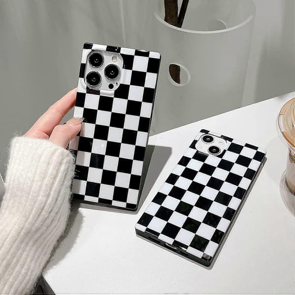 Firkantet ternet telefoncover til iPhone 14 Pro Max Sort Hvid Gitre Plaid Skakbræt Slankt Blødt Klassisk Kuffertdesign iPhone 14promax 6.7[J]