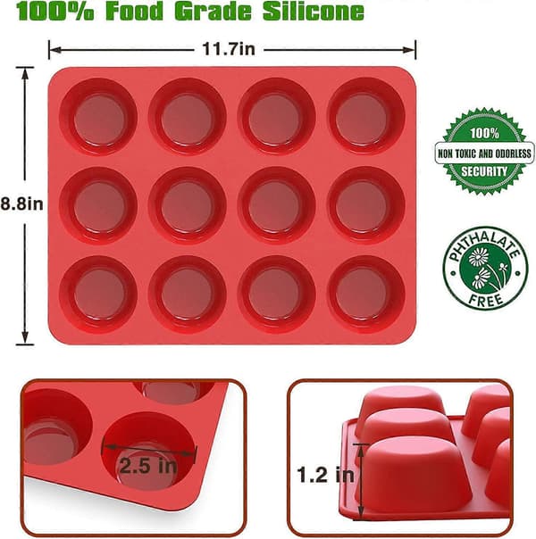 Silikone Muffinforme Nonstick 12 Kopper, 2,5 tommer Silikone Cupcakeform - 2-pak Silikoneforme til Hjemmelavede Muffins, Cupcakes og 12 Kopper[J]