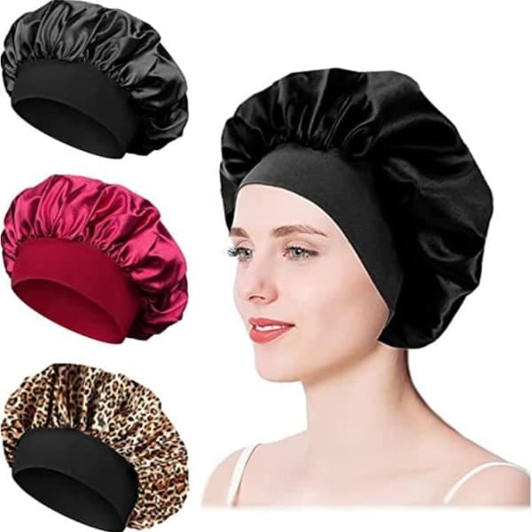 Satin Sovehætte - 3-delt sæt - Sort, Rød, Leopardprint - Elastisk Komfort - Anti-Statisk Black, Red, Leopard