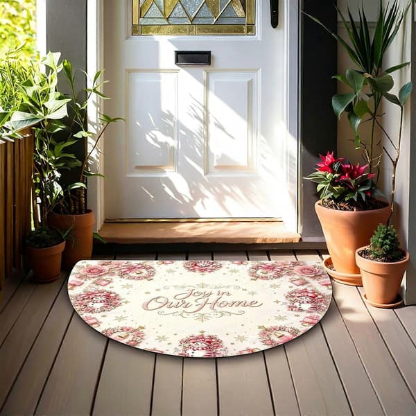 Trykt halvcirkelformet gulvmåtte, lyserødt blomstret juledesign 60x90cm