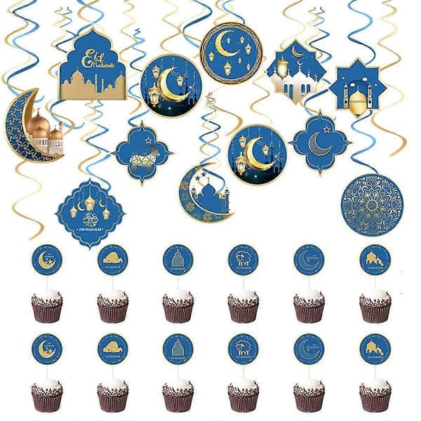 Eid Ramadan dekorasjon tema fest spiral anheng måne stjerne dekorasjon kakeflagg for Ramadan fest [J] Blue