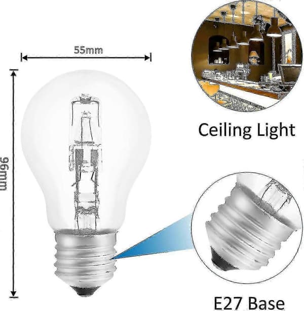 Halogenpære E27 A55 42w Dimbar, Ac220-240v, 650lm Varmhvit 2700k, Transparent E27 Halogenkule [MI][J]