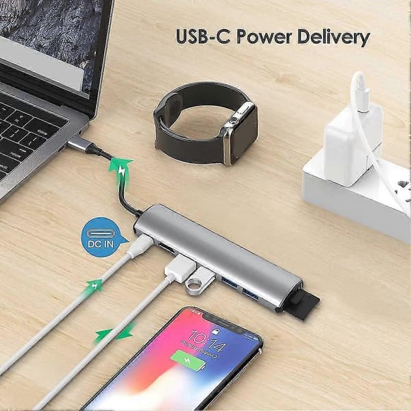 USB C Hub-adapter, 8-i-1 USB C-dokkingstasjon med USB C-lading, 4 USB 3.0 USB-A-porter, SD/TF-kort