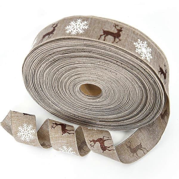 Julband i linne med snöflinge-, älg- och jultomtemönster - DIY presentinslagning, 2 meter