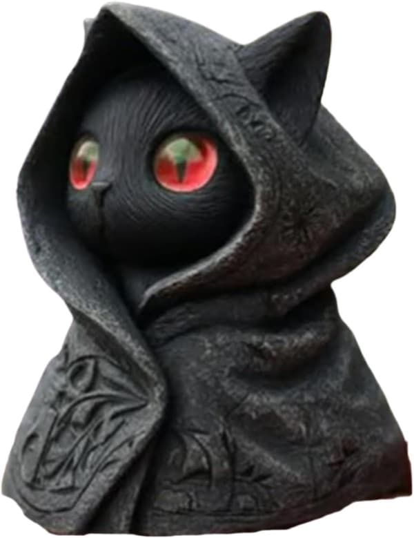 Resin kattefigurer, mystisk og skummel hettekatt, mini dyrefigurer, morsom samlerstatue (J)