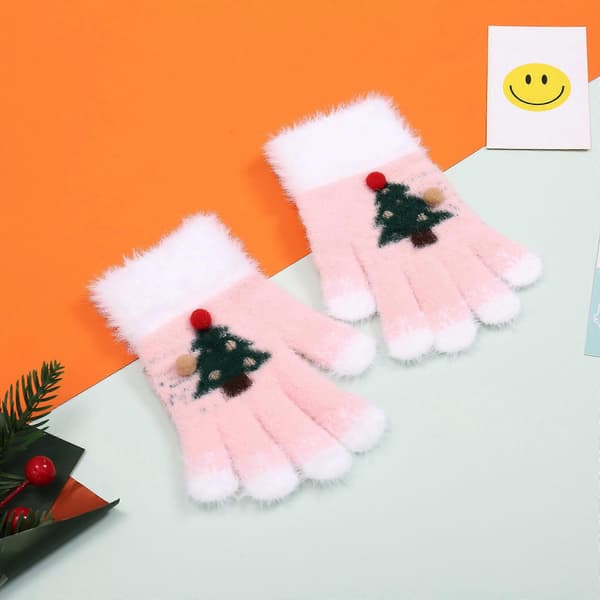 Julstickade handskar för barn Tecknade tryckta varma vintervantar för barn[J] Pinkish Gray