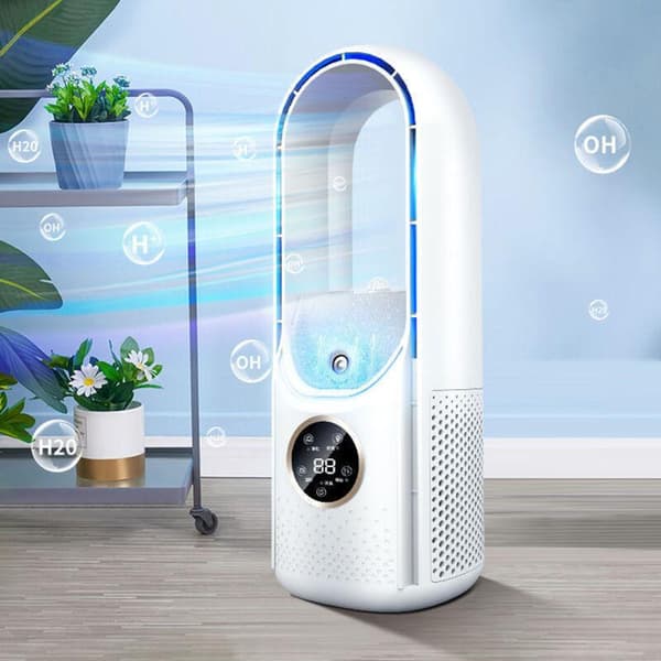 Bladeless ventilator. 6 hastigheder. Stille USB bordventilator med dæmpningsfunktion og timer, hvid.