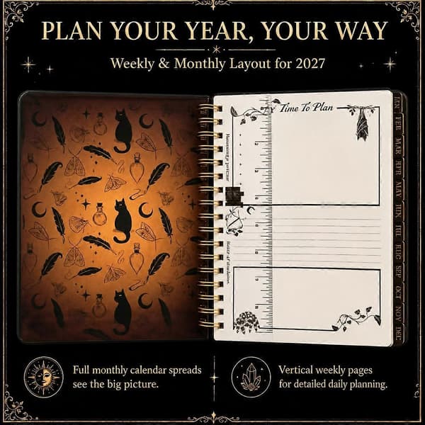 2027 Ukentlig og Månedlig Planlegger med Vertikale Ukesider Midnight Notebook