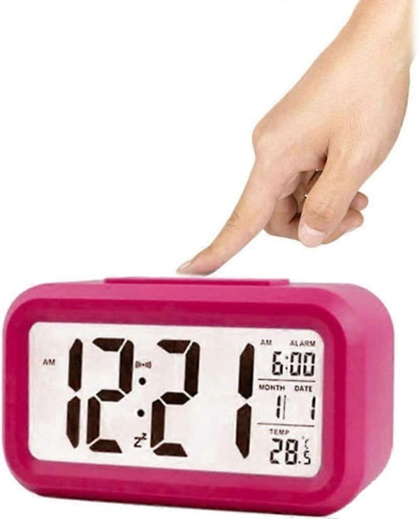 1 st digital väckarklocka, tyst lysande klocka med datum, temperatur, tid, snooze-sensor (rosa) [XR][J]