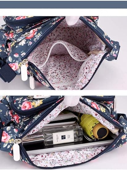 Multi-Pocket Casual Crossbody Handväskor för Kvinnor Vattentäta Axelväskor i Nylon (Blommig-Blå)
