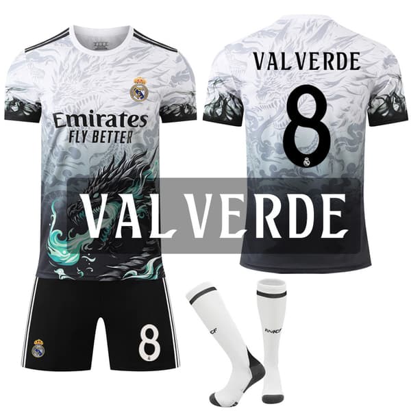 Jud- 2425 Real Madrid Blå Drage Mønster Særlig Mindebegivenhed Sort Fodboldtrøje 8 VALVERDE 8 VALVERDE #M