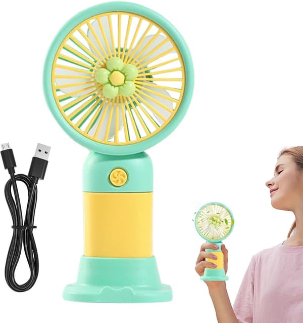 Stille personlig ventilator (7,8 × 5,3 × 15 cm), USB genopladelig, med base; bærbart design (J)