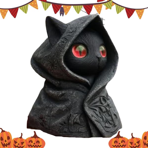 Resin kattefigurer, mystisk og skummel hettekatt, mini dyrefigurer, morsom samlerstatue (J)
