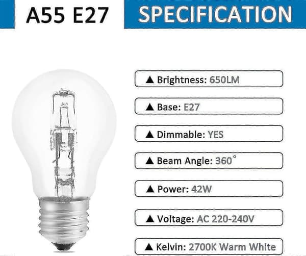 Halogenpære E27 A55 42w Dimbar, Ac220-240v, 650lm Varmhvit 2700k, Transparent E27 Halogenkule [MI][J]