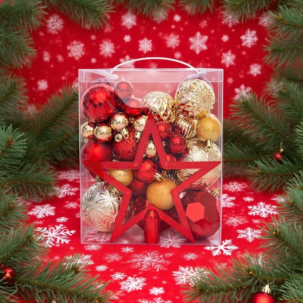 Dekorative julekuler, ornamentale dekorative kuler, sett med galvaniserte plastjulekuler (gull og rød) (J)