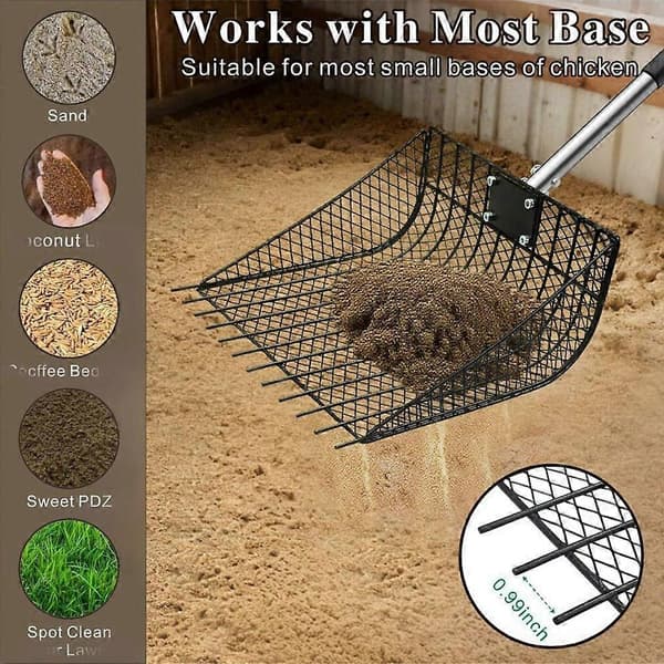 Hønseskitt-spade for sand, rake og avføringsskuffe med stor siktspade, justerbart håndtak, strøspade for hønsehus Black   silver