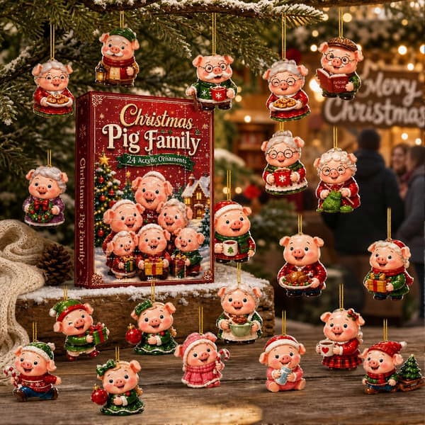 Gris Julekalender til jul, 24 dages akrylpynt nedtællingsgaveæske Little Pig