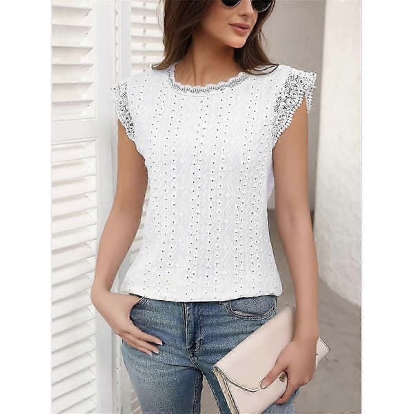 Damebluse med blonde og høj hals White