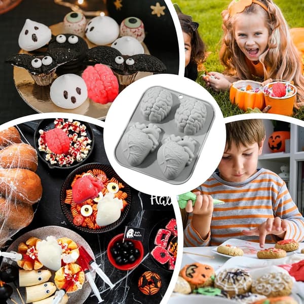 Halloweenforme (4 hulrum) i hjerte- og hjerneform – Til stearinlys, epoxyharpiks, småkager, voks og ler (J)